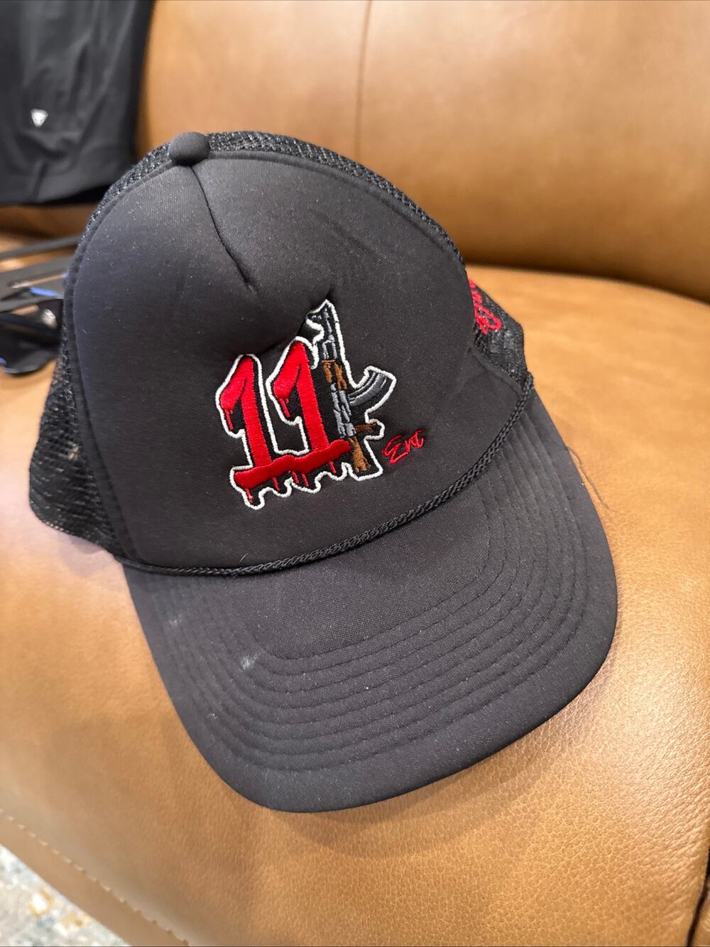 Black Mesh Back Trucker Snapback Hat Red 11 Embroidered Logo Cap One Size
